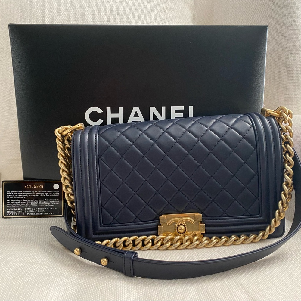 CHANEL Dark Blue Medium Lambskin Boy Bag with Brushed Gold Chain
